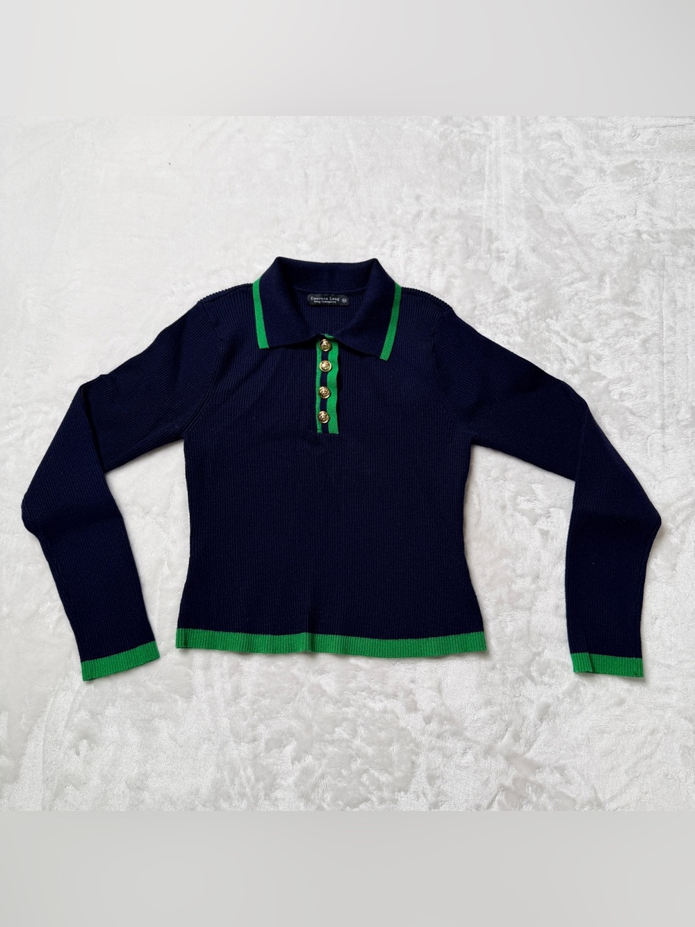 Emerson Lang Navy Knit Polo Sweater with Green Trim, academia, preppy, - Picture 4 of 10